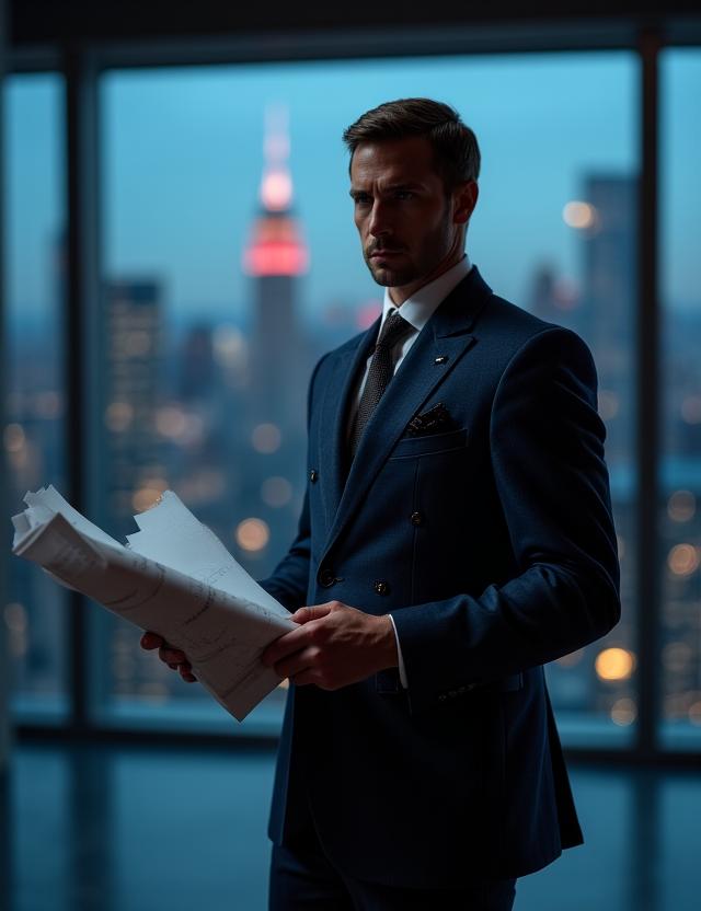 Architect in a tailored Art Deco blazer overlooking a New York skyline sketch