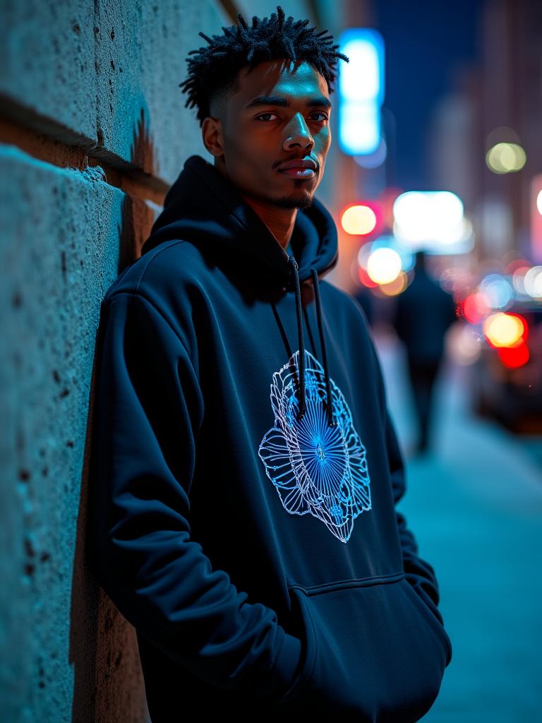 Model wearing Art Deco graphic hoodie in front of Chrysler Building inspired architecture