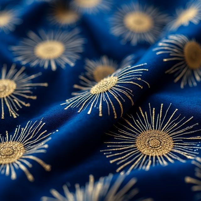 Midnight blue velvet evening dress with gold sunburst embroidery