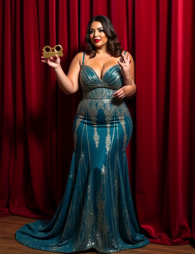 Stunning model in a geometric Art Deco evening gown holding theater binoculars