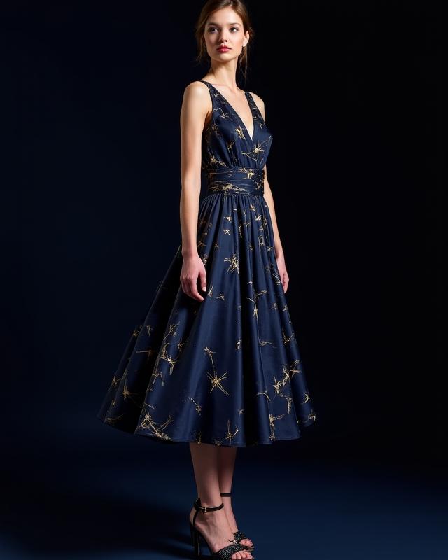 Flowing Art Deco patterned dress in navy Tencel