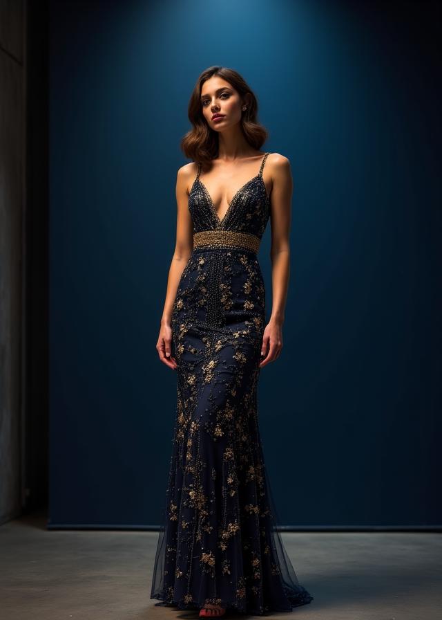 Model in a beaded Art Deco dress at a New York gallery